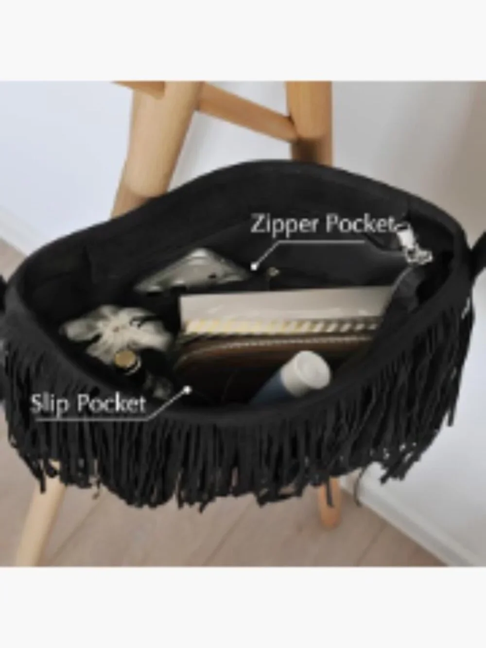 Faux Suede Leather Hobo Crossbody Bag with Tassel Fringe